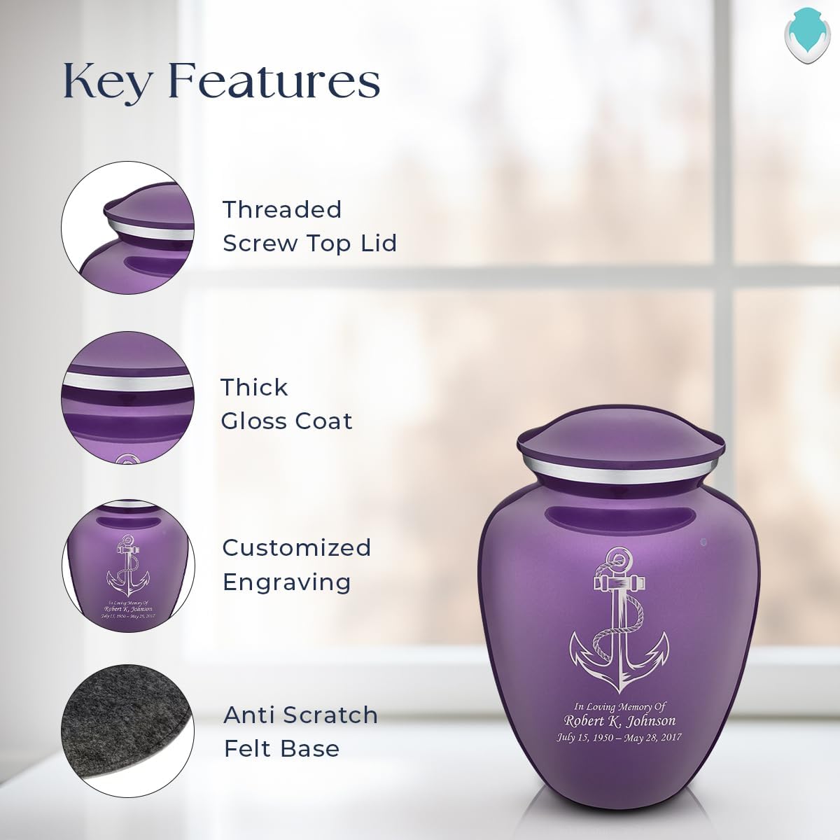 Geturns - Small Personalized Anchor Cremation Urns for Human Ashes I Purple Funeral Urn for Men and Women I Holds up to 44 Cubic Inches