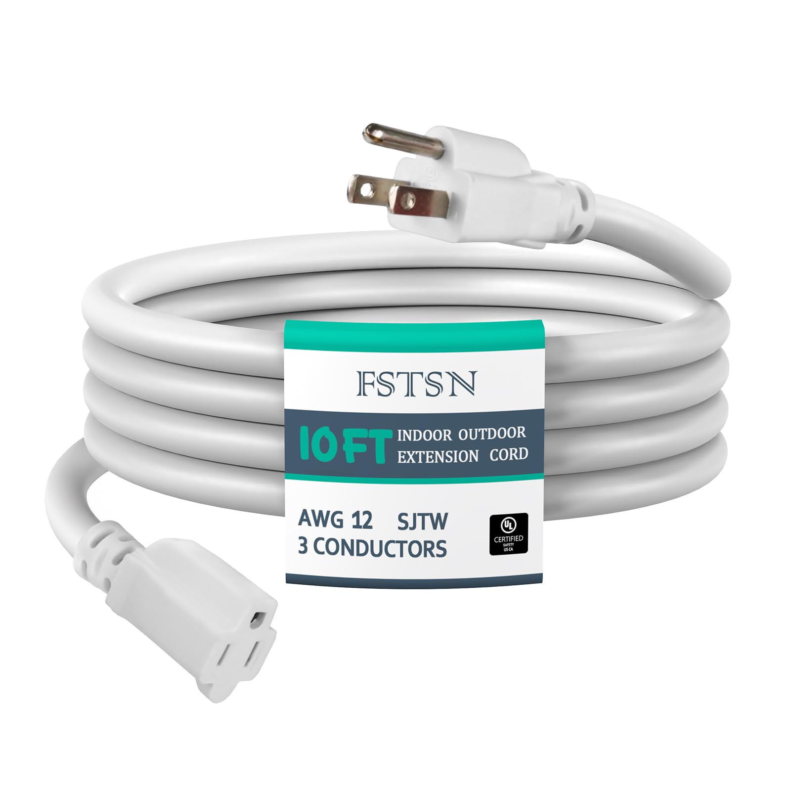 10 ft Heavy Duty Extension Cord - 12/3 SJTW 15 AMP Indoor Power Cord with 3 Prong Grounded Plug for Lawn Mower, Appliances, Workshop, Christmas Lights Water Resistant Flexible Cable White.