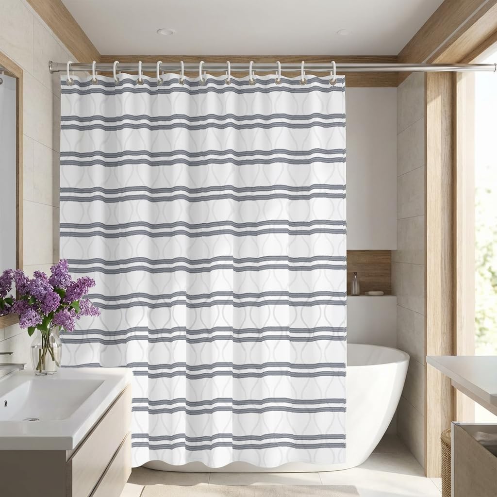 Modern Minimalist Geometric Wave Shower Curtain - Waterproof Polyester Bathroom Decor, 72x72 Inches, Light Gray Textured Stripe Design