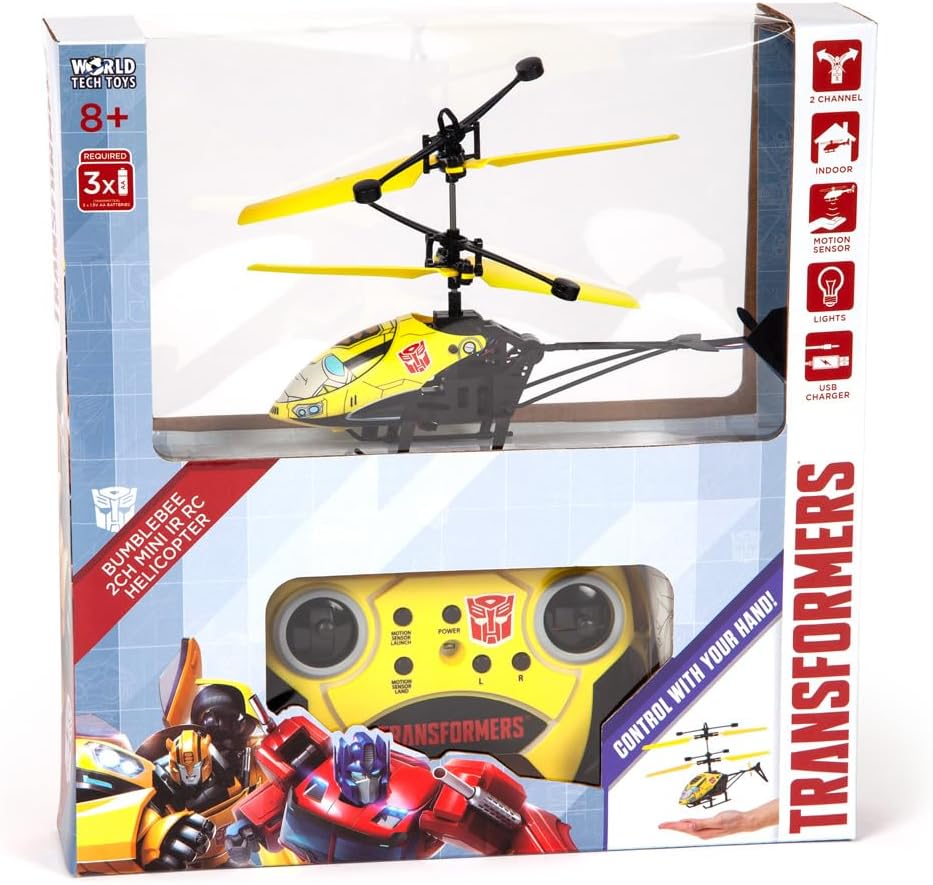 World Tech Toys Hasbro Transformers Bumblebee RC Helicopter – Easy-Fly Remote Control Helicopter with LED Lights, Durable Body, Coaxial & Rear Rotors – Kids 8+