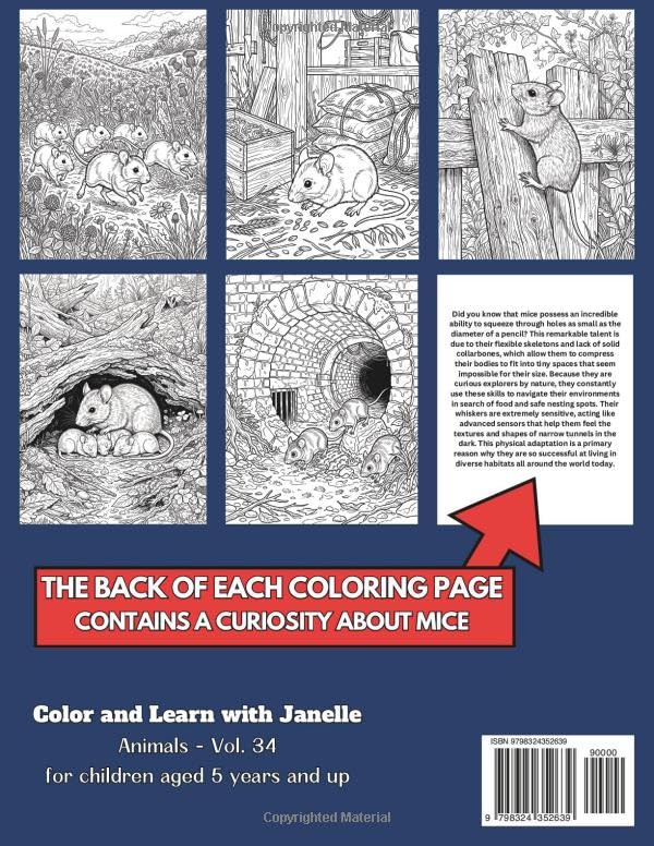 50 Mice Coloring Pages for Kids and Adults: +50 Amazing Facts about Mice. Coloring Book for Children, Grown-Ups and School Classes. Color and Learn with Janelle - Animals - Vol. 34 image 3