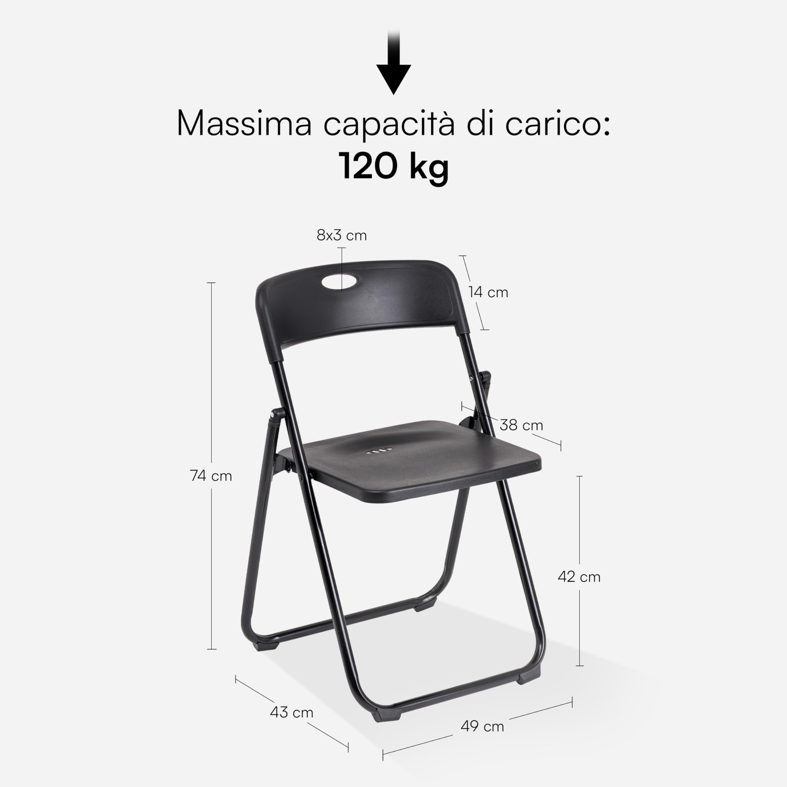Baroni Home Sedia Pieghevole con Struttura in Acciaio e PVC, Seduta Salvaspazio Richiudibile con Piedini e Maniglia, da Viaggio, Cucina, Soggiorno, Camera da Letto, 74x43x49 cm, Nero
