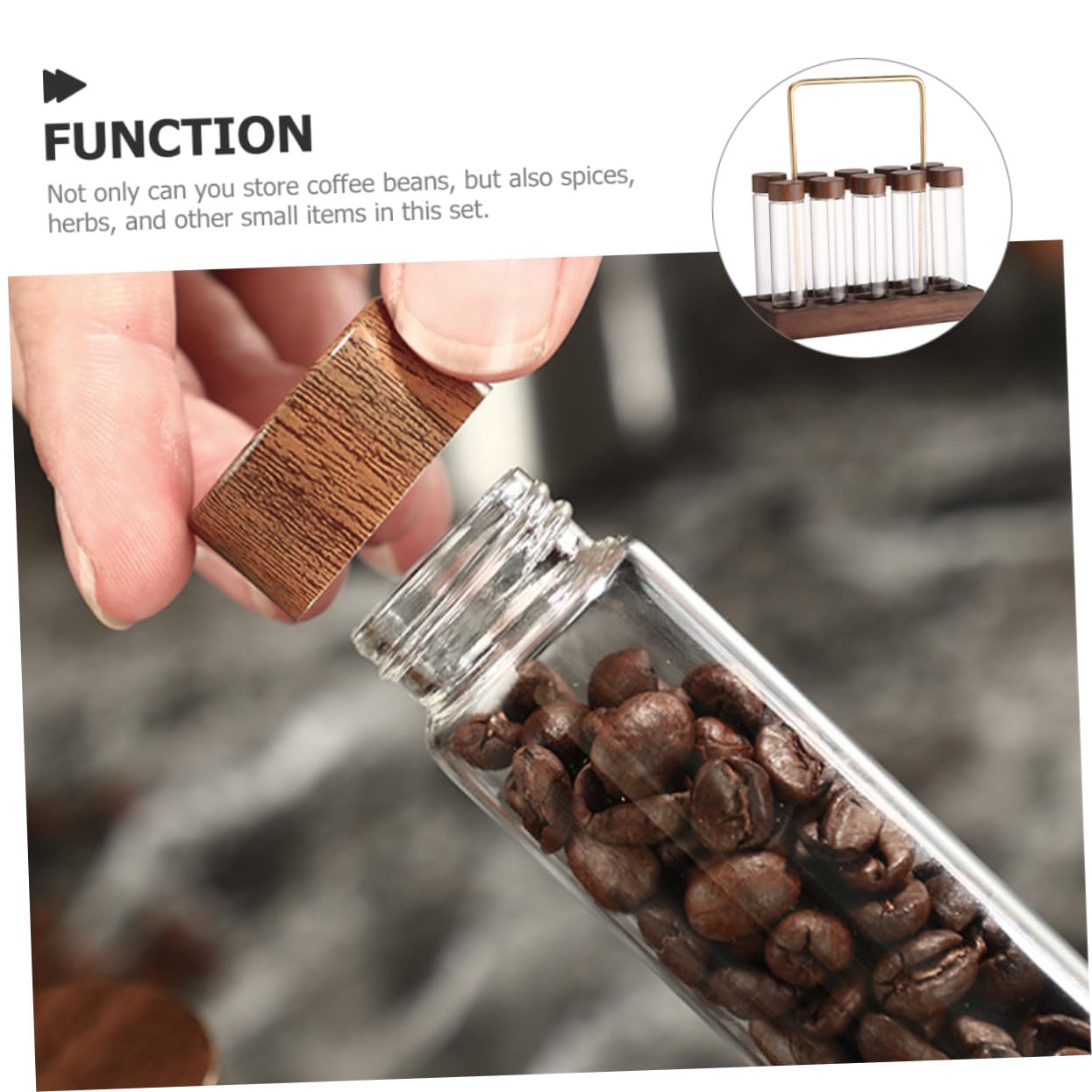 NOLITOY Kaffeebohnen Aufbewahrungsröhrchen aus Glas mit Holzständer Luftdicht Verschlossene Aromaflaschen Reagenzglas Satz für Kaffeegenuss und Vorrat