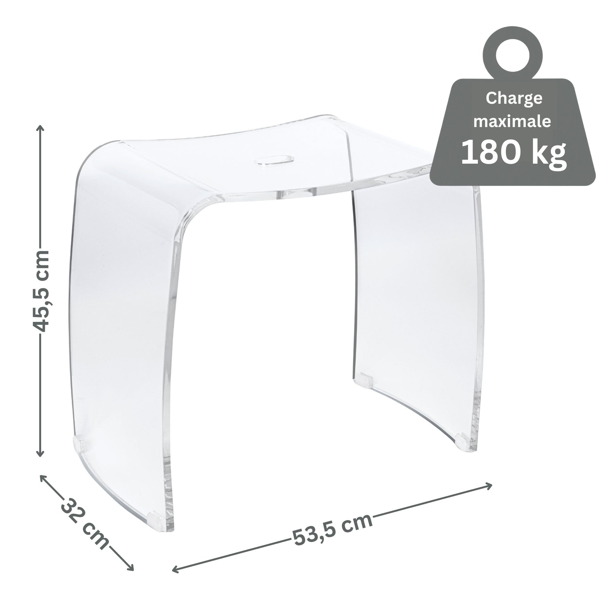 Tabouret de Salle de Bain Meran XL – Tabouret en Acrylique Transparent avec Assise Extra-Large – Tabouret de Douche Moderne avec poignée et Pieds en Caoutchouc antidérapants