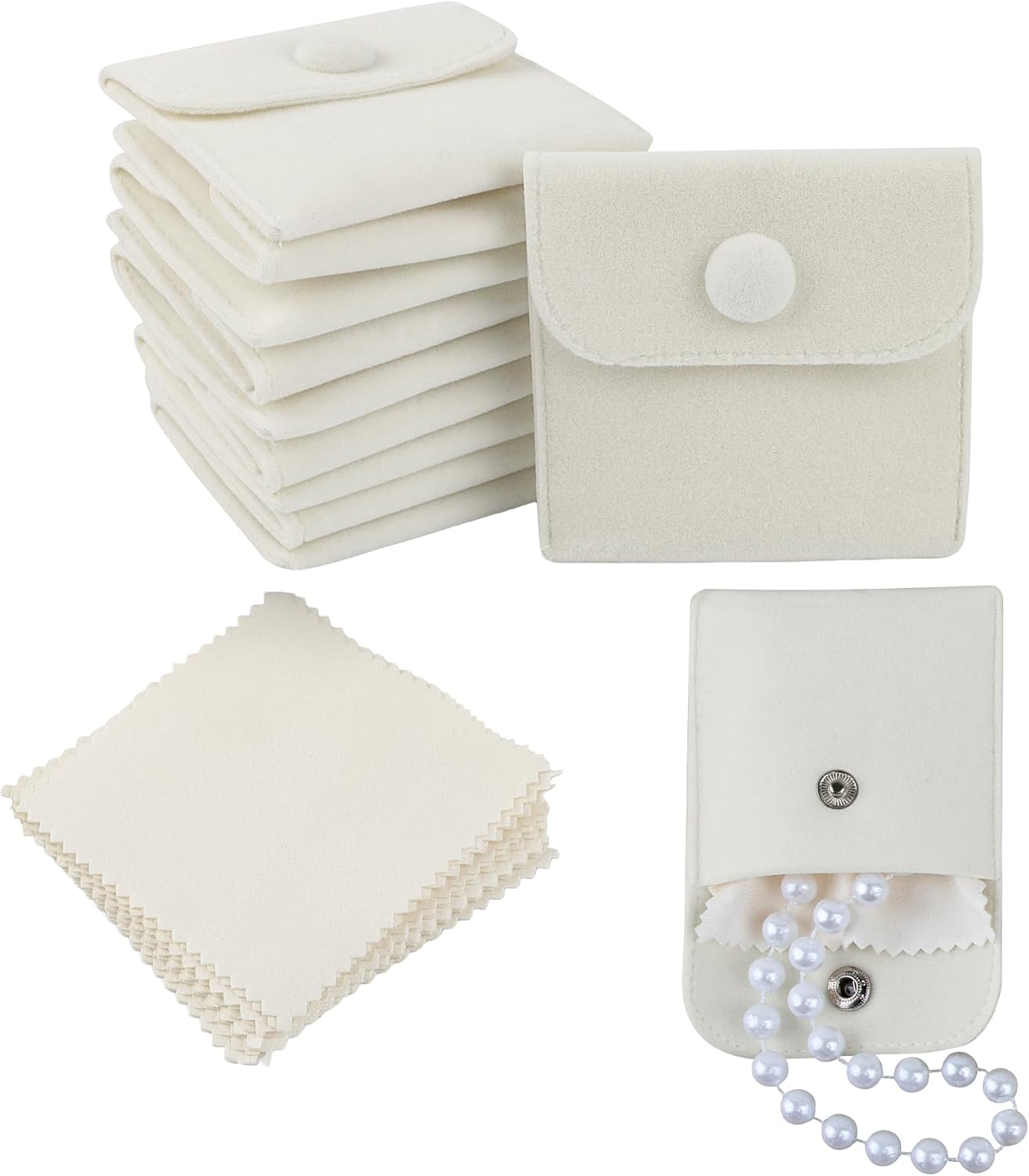 120 Pack Microfiber Snap Button Jewelry Pouchs With 120 Pack Cleaning Cloths for Necklace Bracelet Ring Storage