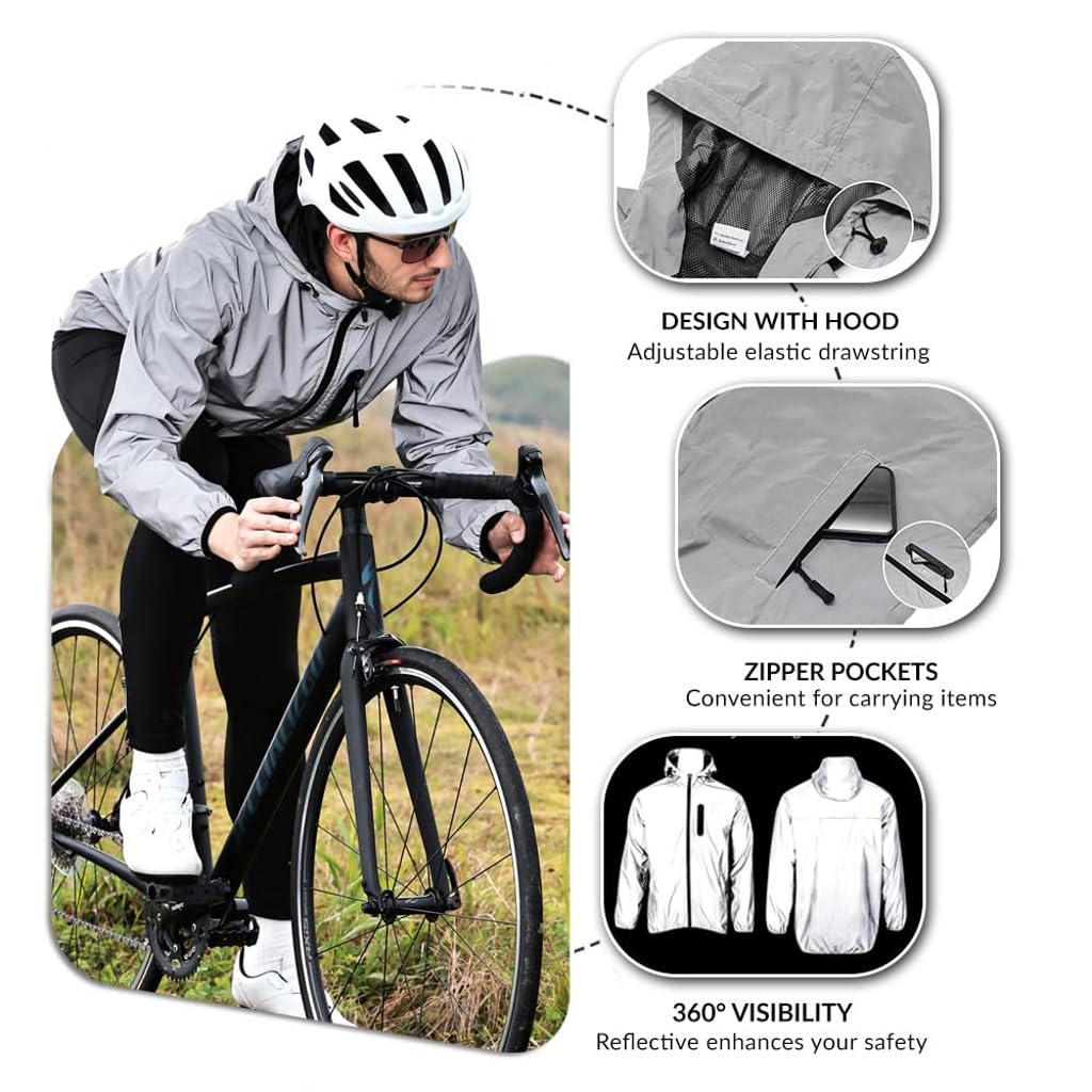 Veste Vélo Réfléchissant Femme Haute Visibilité Homme Imperméable avec Capuche Respirante Cycliste Coupe Vent pour Randonnée, Course, Camping