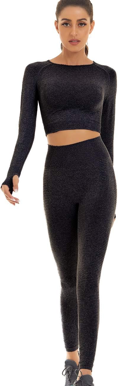 Women Seamless Workout Outfits Athletic Set Leggings + Long Sleeve Top 2 Pieces(Black, Large)