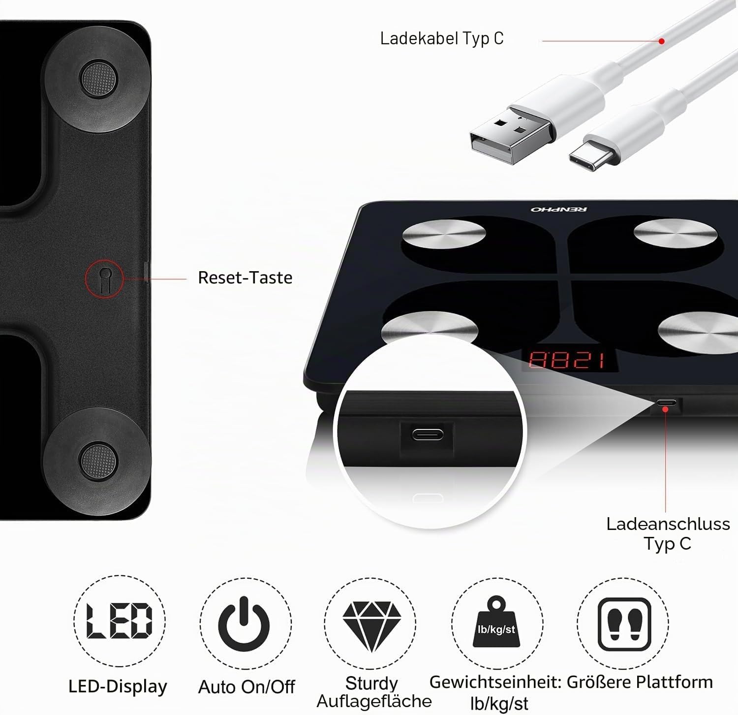 RENPHO Elis 1 Körperfettwaage, Bluetooth Personenwaage USB Wiederaufladbare Körperanalysewaage mit App, Smart Körperwaage für Körperfett, BMI, Gewicht, Muskelmasse, Wasser, Protein