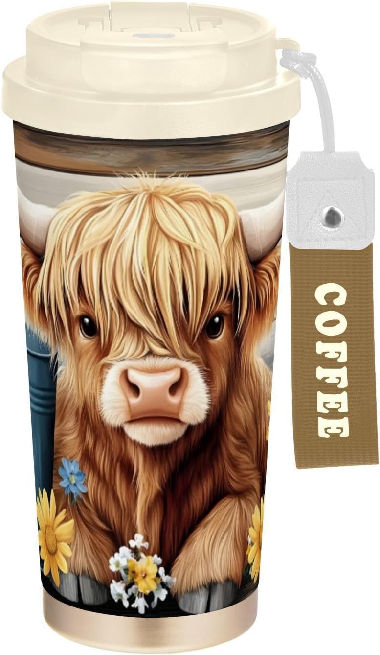Highland Cow Bucket Insulated Coffee Mug with Straw & Flip Lid, 16.9oz Iced Tumbler Cup, Double Wall Vacuum Mug for Travel Office