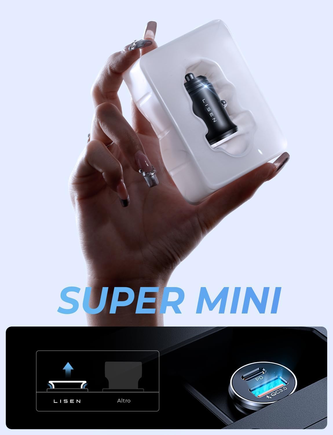 LISEN Caricabatterie Auto, Caricatore iPhone Auto, Caricatore Presa USB C Fast Charge Con Cavo Adattatore USB, Adattatore Accendisigari presa Accendisigari Caricabatteria per Auto Per iPhone OPPO