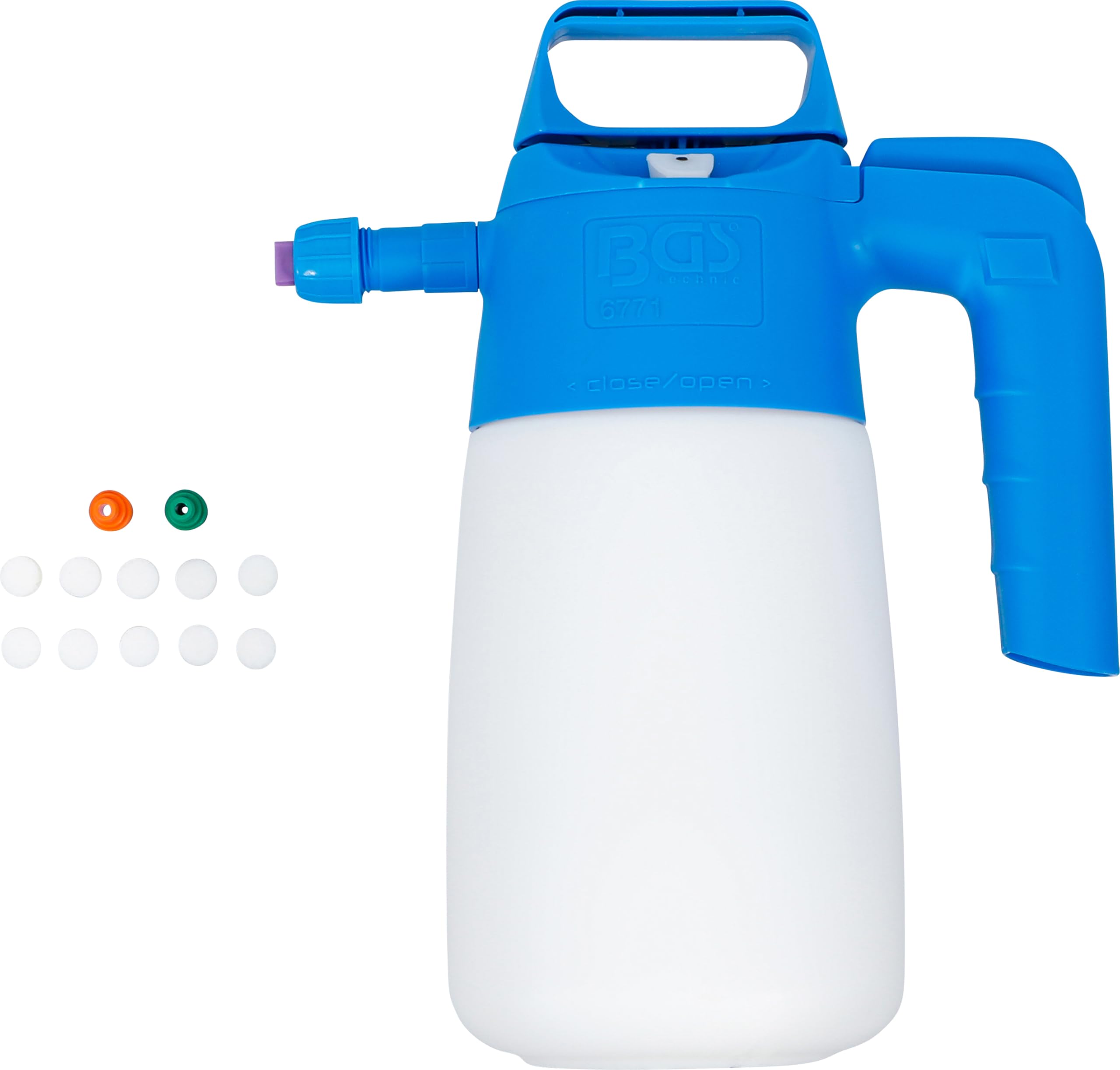BGS 6771 | Pumpsprühflasche Schaum | 1,5 l | 2,5 bar | Nutzinhalt 0,75 l | Flachstrahldüse | Füllstandanzeiger | 10 Ersatzfilter, 3 Düsen