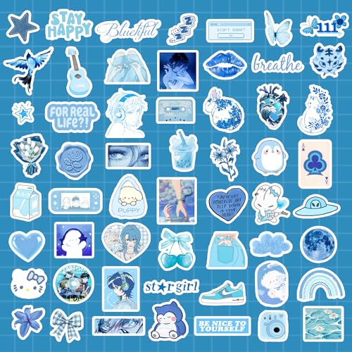 Image of Blue Aesthetic Sticker Pack (55+ Pieces) | Cool Blue Vibes | Glossy Premium Vinyl | Waterproof, Scratch & Fade Resistant | Durable Stickers for Laptop, Bottle, Phone & Bike