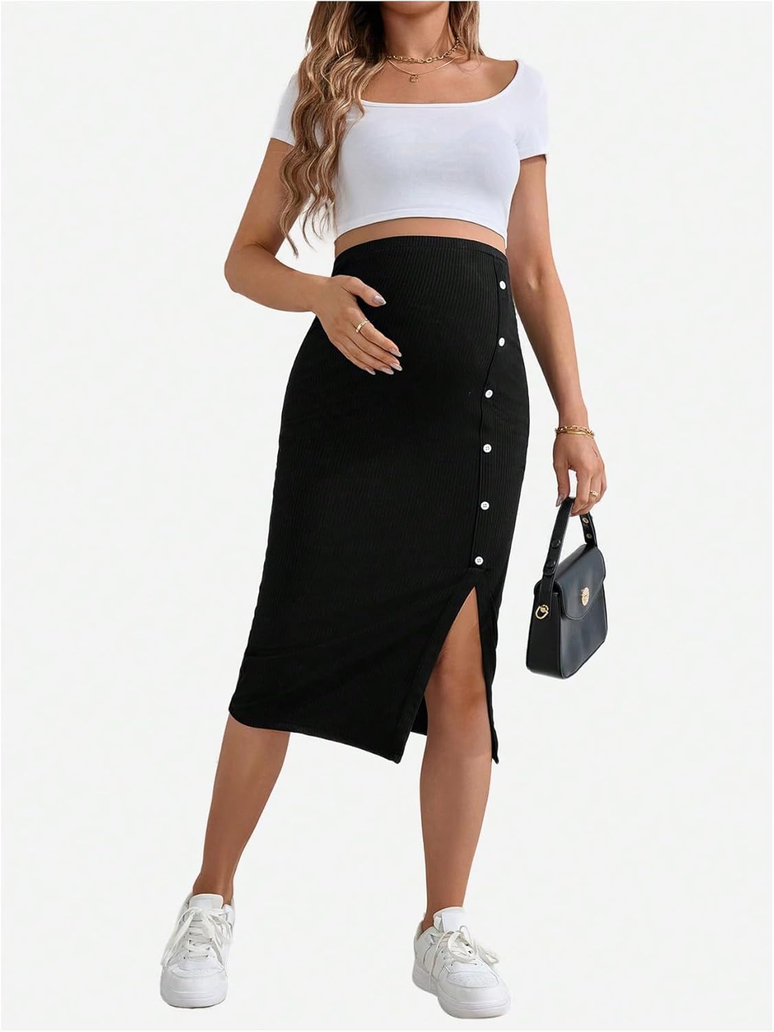 Women's Maternity Skirt Button Front Knitted Split High Waisted Pregnancy Pencil Skirt Black Large - Image 4