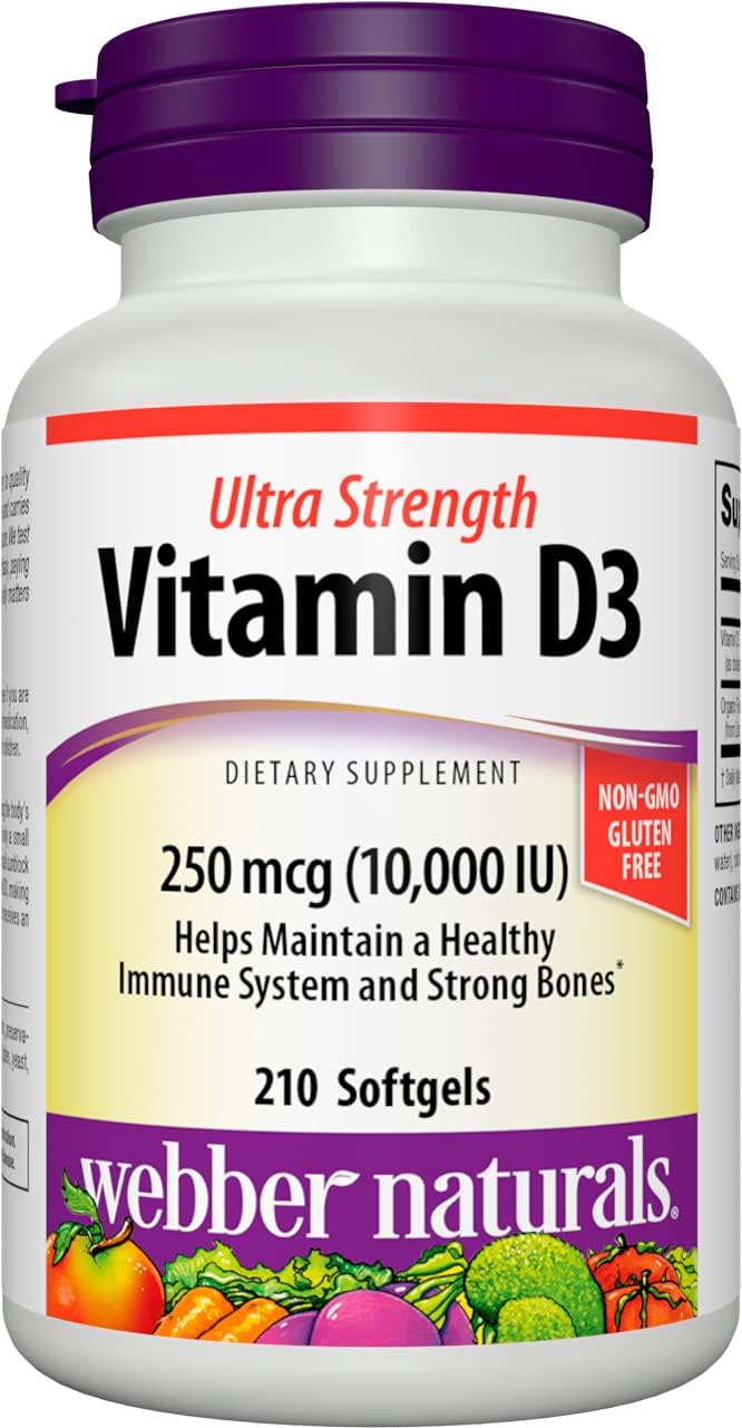 Webber Naturals Vitamin D3 Softgel, 10,000 IU, 210 Count, Extra Strength, for Immune Heath and Support for The Development and Maintenance of Bones and Teeth, Non GMO and Gluten Free