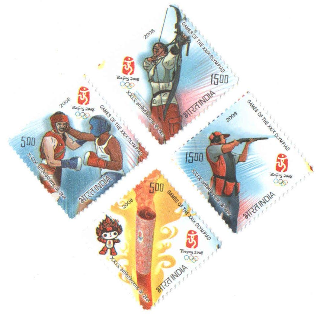 India Postage 2008 - Games of The XXIX Olympiad - Olypmpic Games held in Beijing China - Set of 4 Postage Stamps Mint Never Hinged