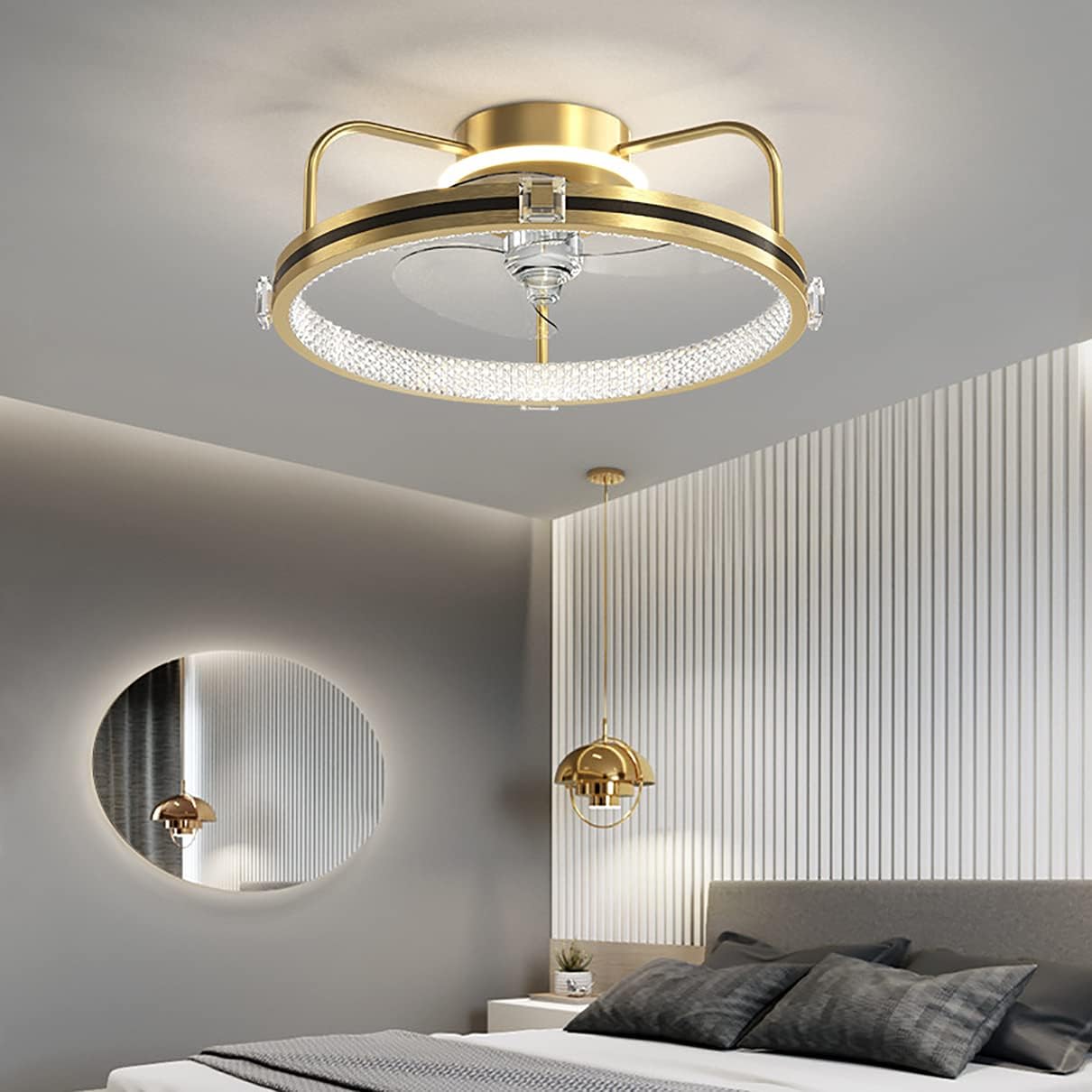 YUEGOO Fan with Ceiling Light,and Remote Control Crystal Silent 3 Speeds Bedroom Led Dimmable Fan Ceiling Light with Timer Modern Living Room Ceiling Fan Light