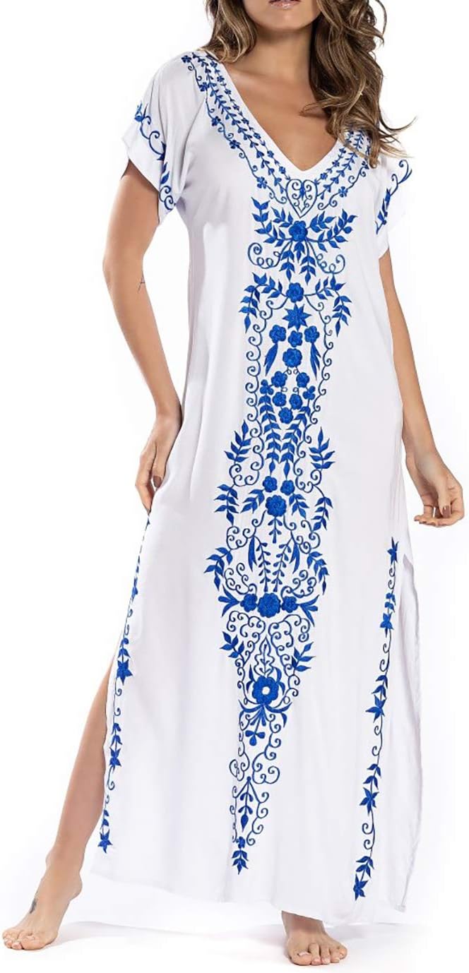 Eddoyee Vestidos largos bordados de caftán para mujer, playa, caftán, traje de baño
