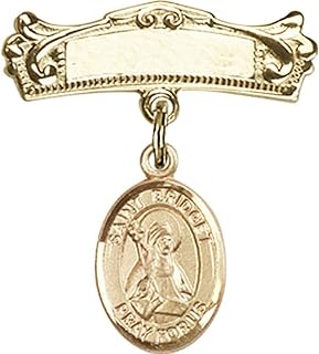 Gold Filled Baby Badge with St. Bridget of Sweden Charm and Arched Polished Badge Pin 7/8 X 3/4 inches