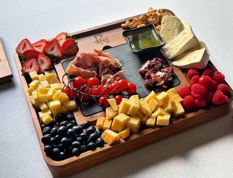 PRESTIGE NOOK- Large Acacia Wood Charcuterie Board- Slate Cheese Board for Wedding House Warming Gift, Wooden Gift for New Home with Knife Accessories Set, Food Tray Platter for Serving Snacks Meat - Image 8
