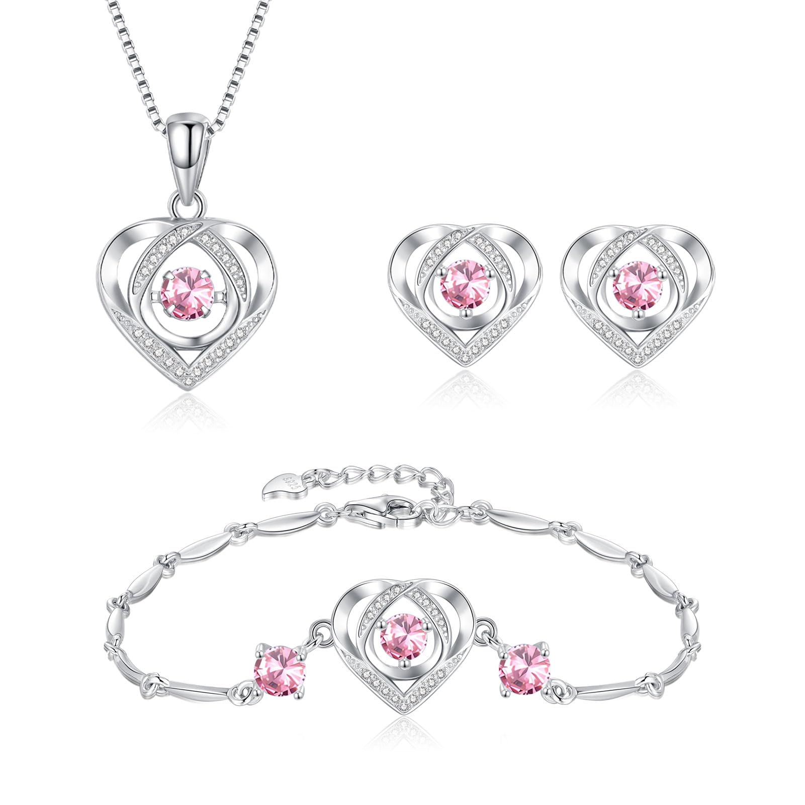 Bewenda Conjuntos de joyas de plata para mujer, plata de ley 925, colgante de corazón, collar, pendientes y pulsera, juego de 3 piezas con circonitas blancas/rosas/azules, bonito juego de joyas con