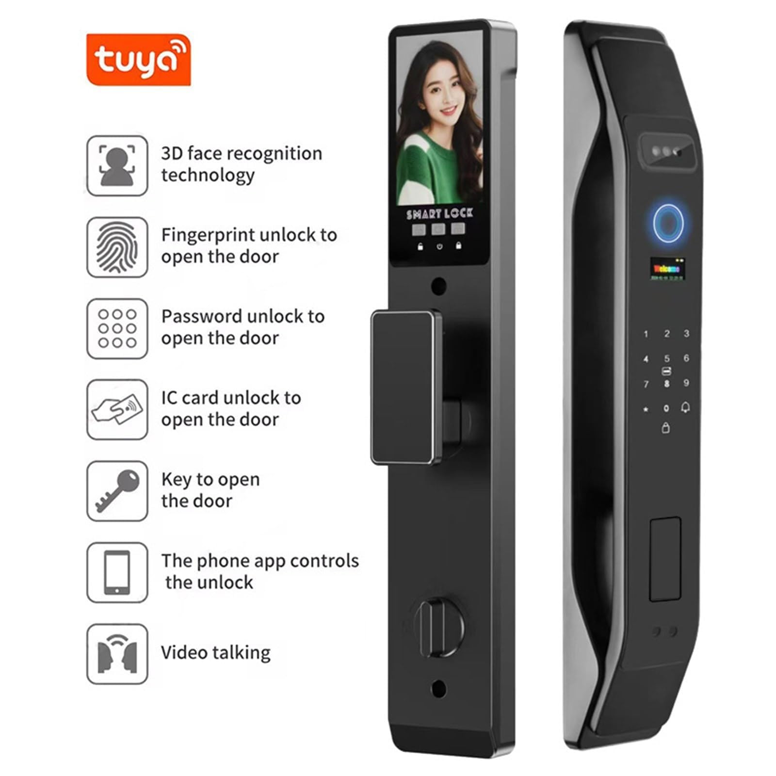 Serrure Connectée Vidéo Avec Caméra, Reconnaissance Faciale 3D, Wi-Fi Intégré, Sonnette Vidéo, Kit De Serrure À Mortaiser Intelligente Avec Lecteur D'empreintes Digitales Et Boîtier Inclus