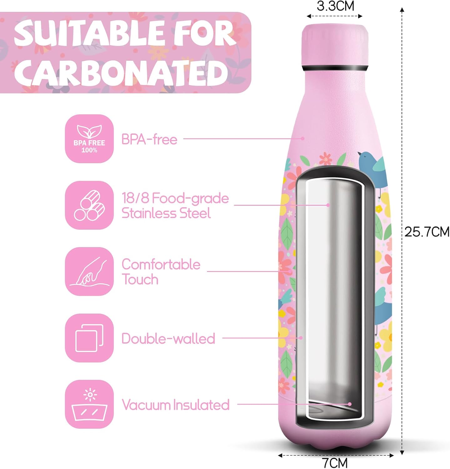 HoneyHolly 500ml BPA-Free Thermal Water Bottle, Double Wall Insulation, Leak Proof, 18/8 Stainless Steel, Perfect for Home, Gym, Travel, School, Office image 2