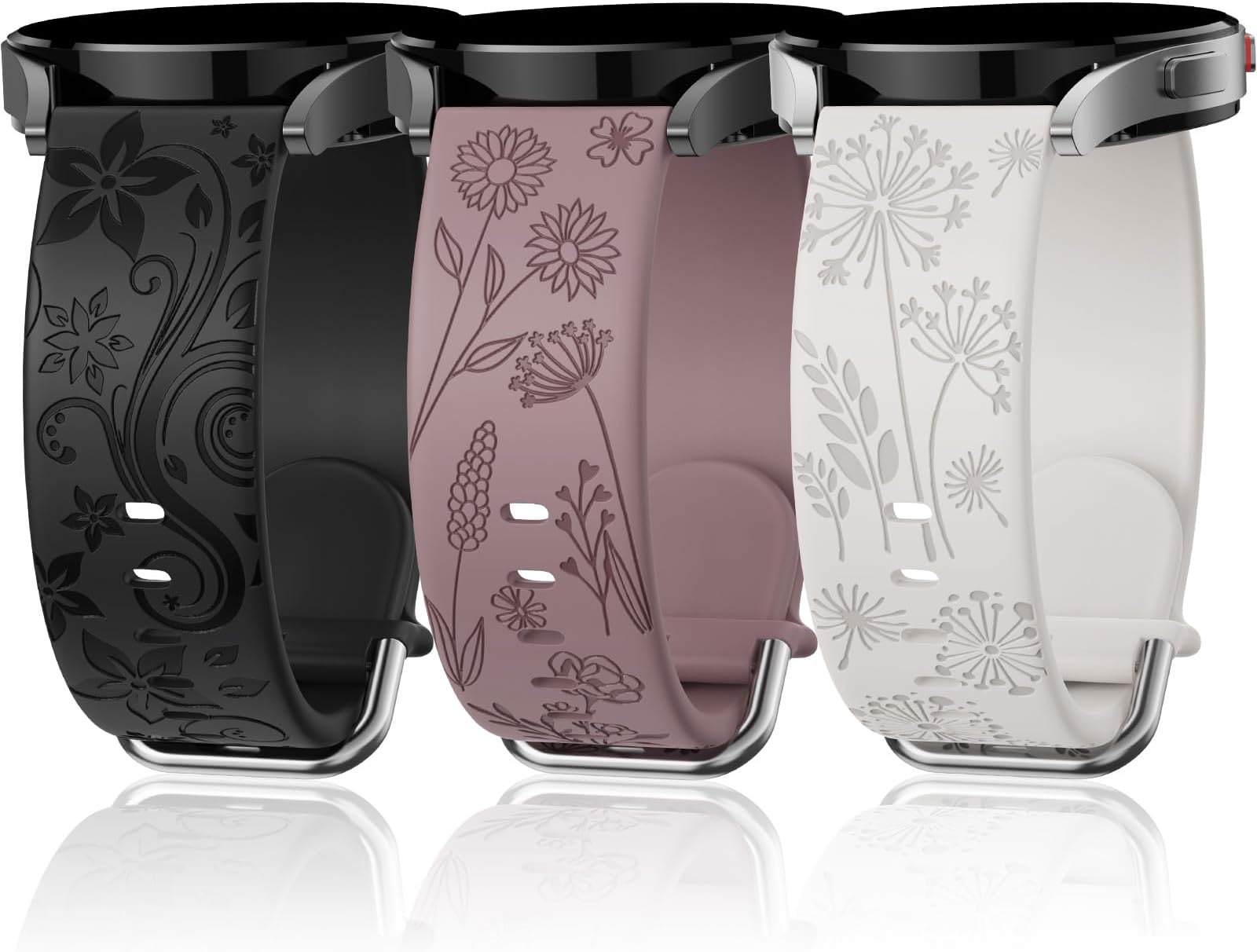 Flower Engraved Bands Compatible with Samsung Galaxy Watch 7/ FE/ 6/5/ 4/ Active 2 40mm 44mm/ 5 Pro 45mm/ Watch 6/4 Classic 43mm 47mm 42mm 46mm, 3 Pack 20mm Soft Silicone Replacement Watch Band