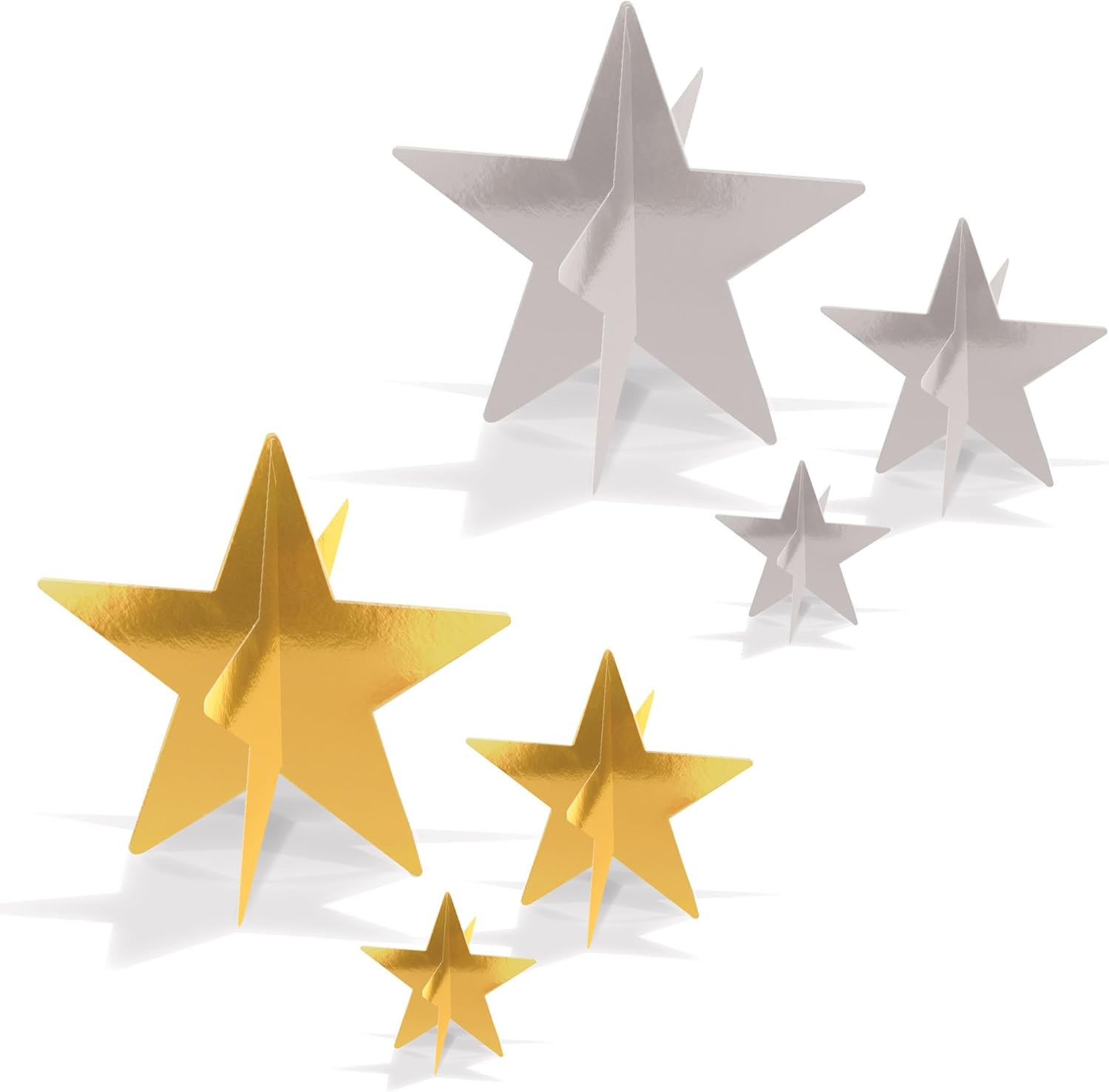 Beistle 3-D Foil Star Centerpieces – 6 Gold & Silver Metallic Table Decorations for Milestone Birthday Parties, Award Nights, New Year’s Eve, Graduations, Event Displays & Photo Props, 3”, 5.5” & 8”