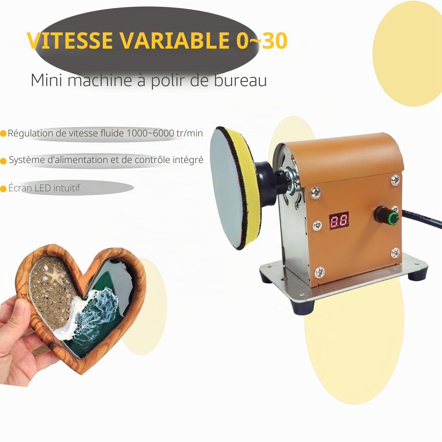Polisseuse électrique pour résine, vitesse réglable et faible bruit, kit de ponçage et de polissage de résine avec 32 feuilles de papier abrasif pour le bois, les bijoux, les plastiques et le