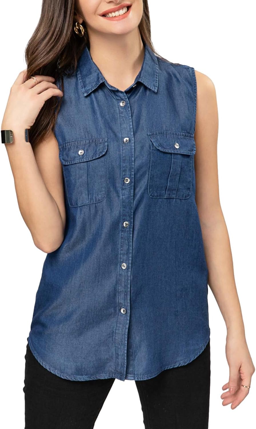 FASHIONSPARK Sleeveless Denim Tops for Women Button Down Denim Shirt Chambray Jean Tank Top Lightweight Blouses