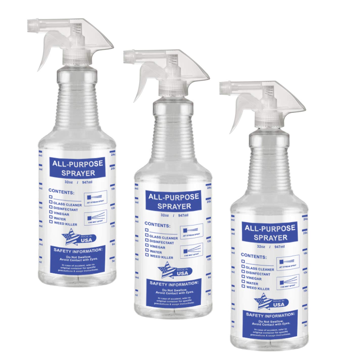 32 Oz All-Purpose Spray Bottles, Empty/Reuseable, Heavy Duty, Clear PET Plastic, Trigger Sprayer, Industrial Size, Chemical Resistant, Made in USA (3 Pack, Combo): Industrial & Scientific