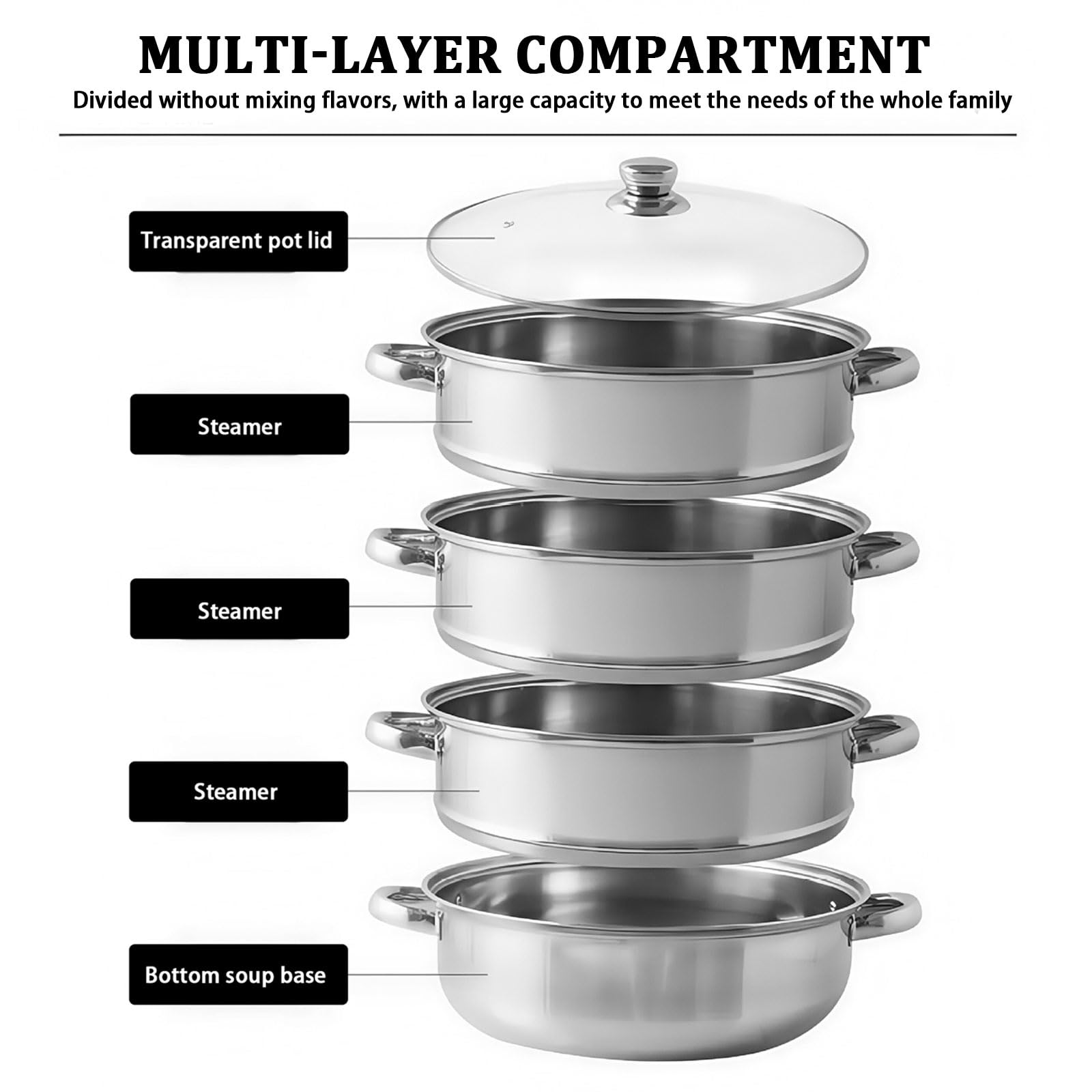 Olla para Cocinar al Vapor, 28 CM Acero Inoxidable, con Inserto de Vapor y Tapa de Cristal Inducción, Olla de Vapor para Cocinar al Vapor Simultáneamente Sopa, Pasta (Paquete de cuatro unidades)
