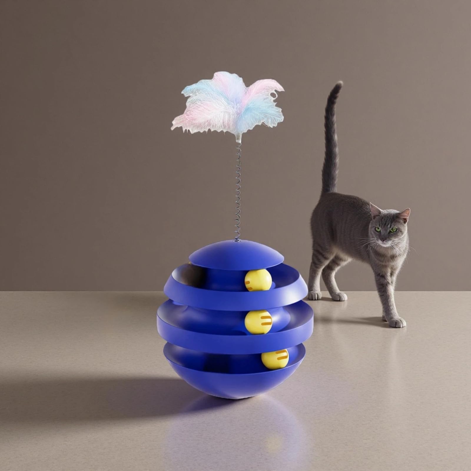 Interaktives Katzenspielzeug für Indoor-Katzen, Wackeln, rotierender Spaß-Tunnel-Ball mit Federstäbchen für gelangweilte Indoor-erwachsene Hunde und Katzen, um alleine zu spielen, zu
