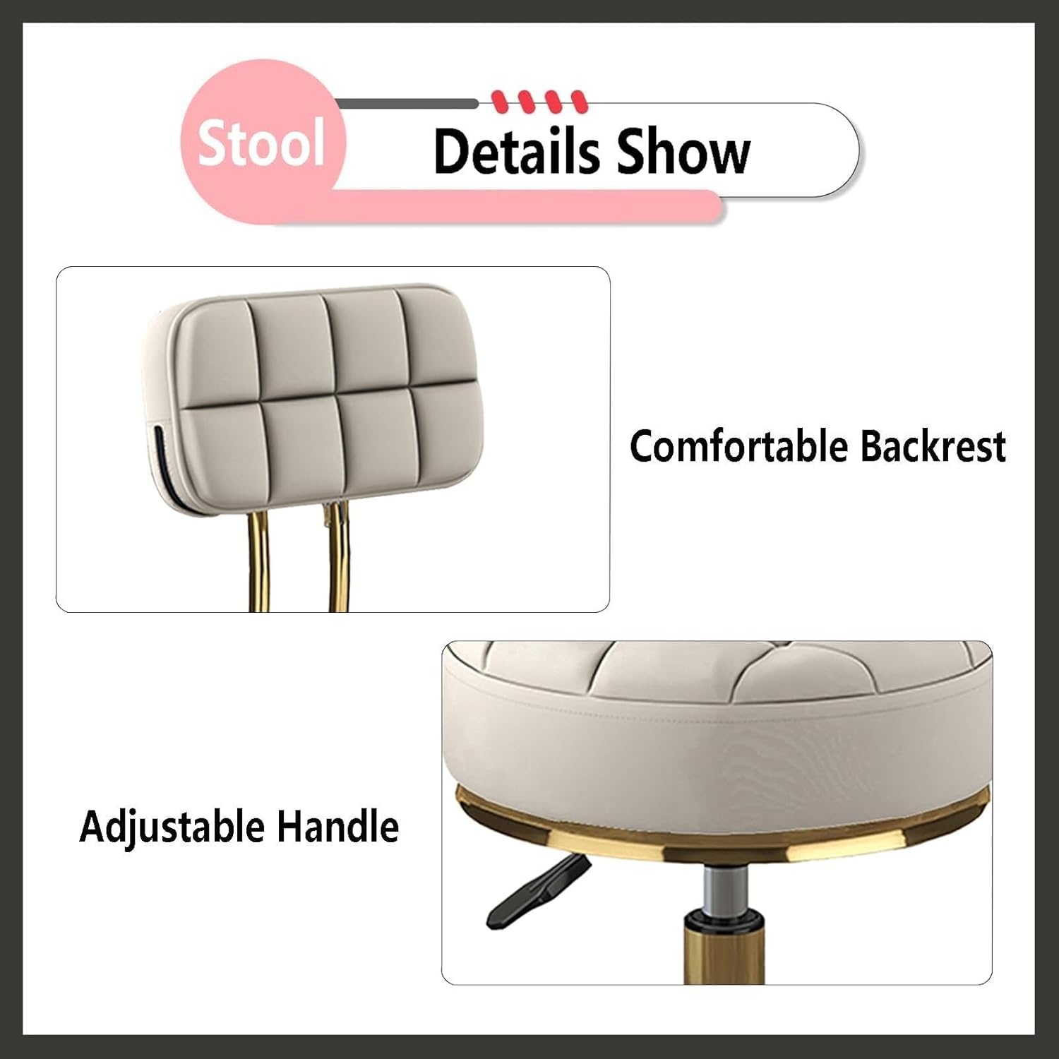 Height Adjustable Round Rolling Stool - Swivel Salon Chair with PU Leather Seat & Back, Titanium Gold Base, Black Color(White)