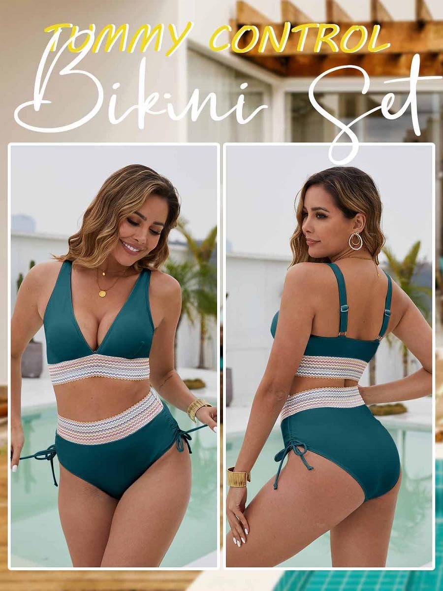 Yutdeng Conjunto Bikini Mujer Braga Alta Reductores Barriga Push Up con Relleno Cuello V Bañador 2 Piezas