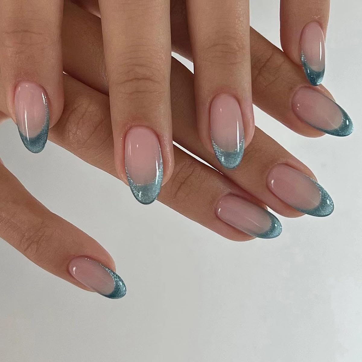 Blue French Tip Press on Nails Medium Almond Fake Nails Glossy False Nails Press ons with Glitter Design - Reusable Acrylic Nails Full Cover Stick on