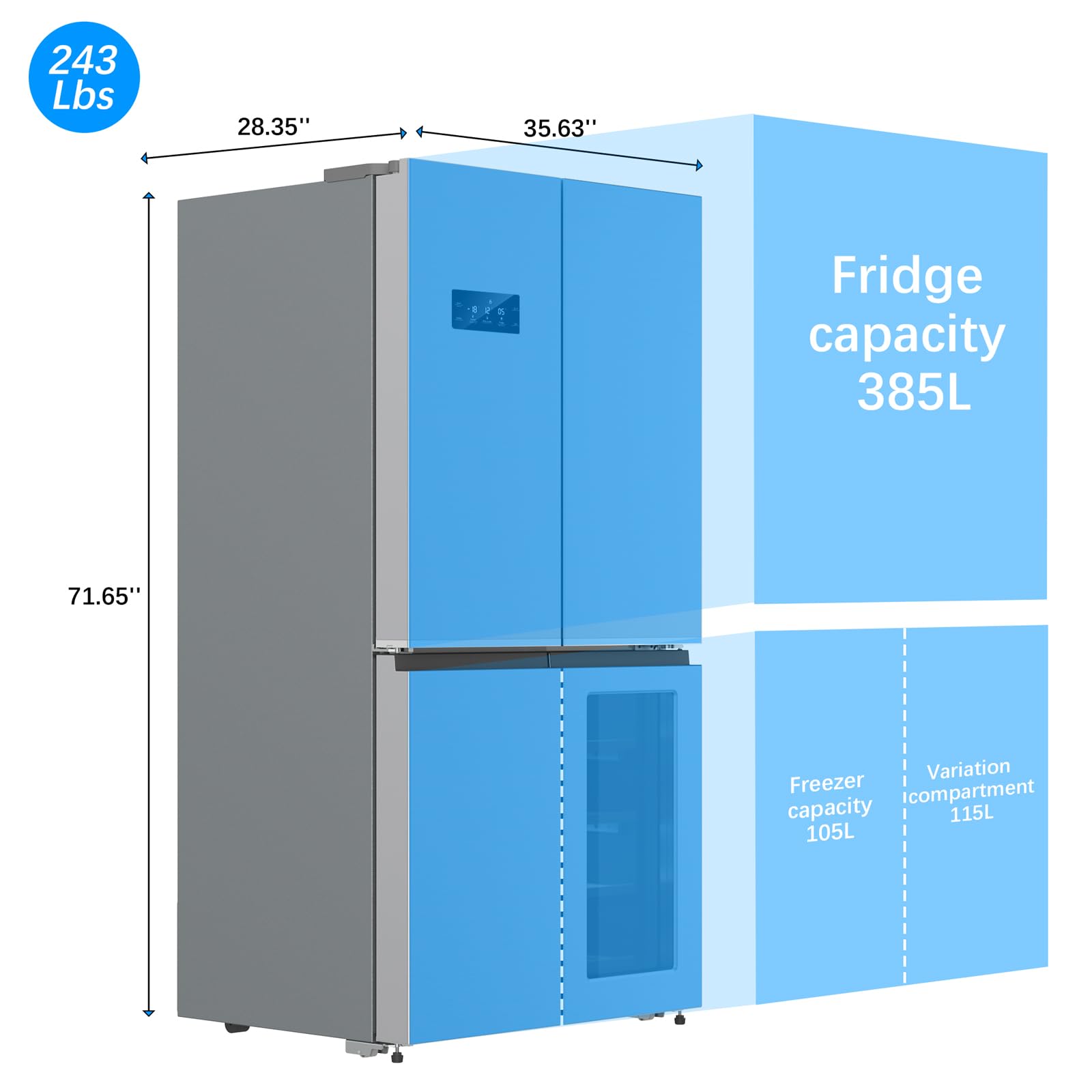 French Door Refrigerator, 36 Inch Counter Depth Stainless Steel Refrigerator, 21 Cu.Ft. 4 Door Fridge Bottom Freezer With Wine Cabinet, Adjustable Shelves on Fridge.com - View 4
