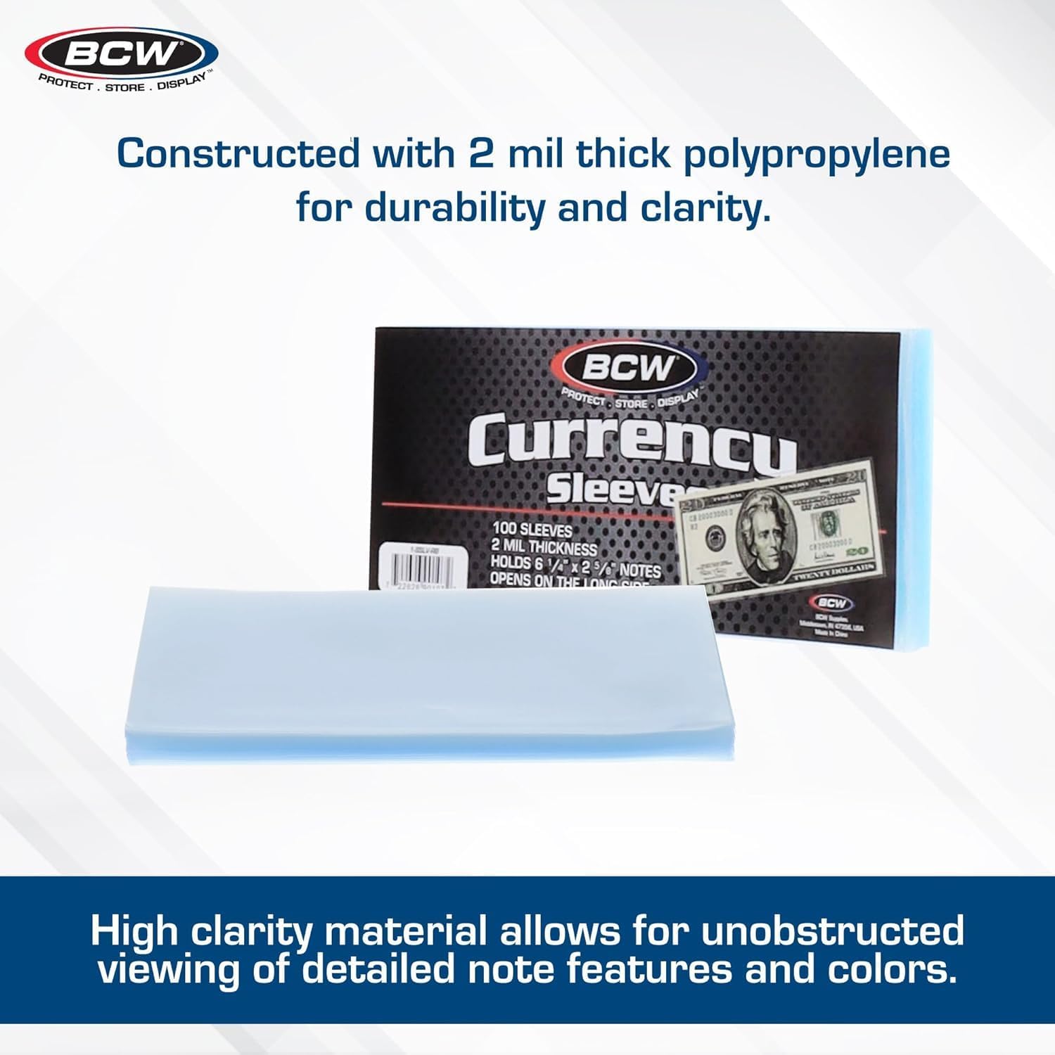 BCW Regular Bill Currency Sleeves – 2500 Pack | Thin, Low-Bulk, Acid-Free Polypropylene Sleeves for US Paper Currency | Clear Protective Sleeves for Handling