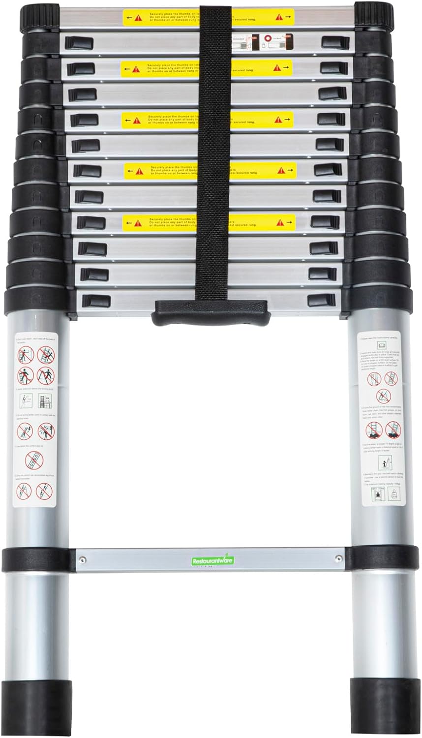 Restaurantware Telescoping Ladder 12.5 Ft Aluminium Lightweight Extension Ladder Collapsible Non-Slip Feet 330 lbs Capacity Heavy-Duty 13 Step Triangle Stabilizer for Attic Roofs, RVs, and Homes