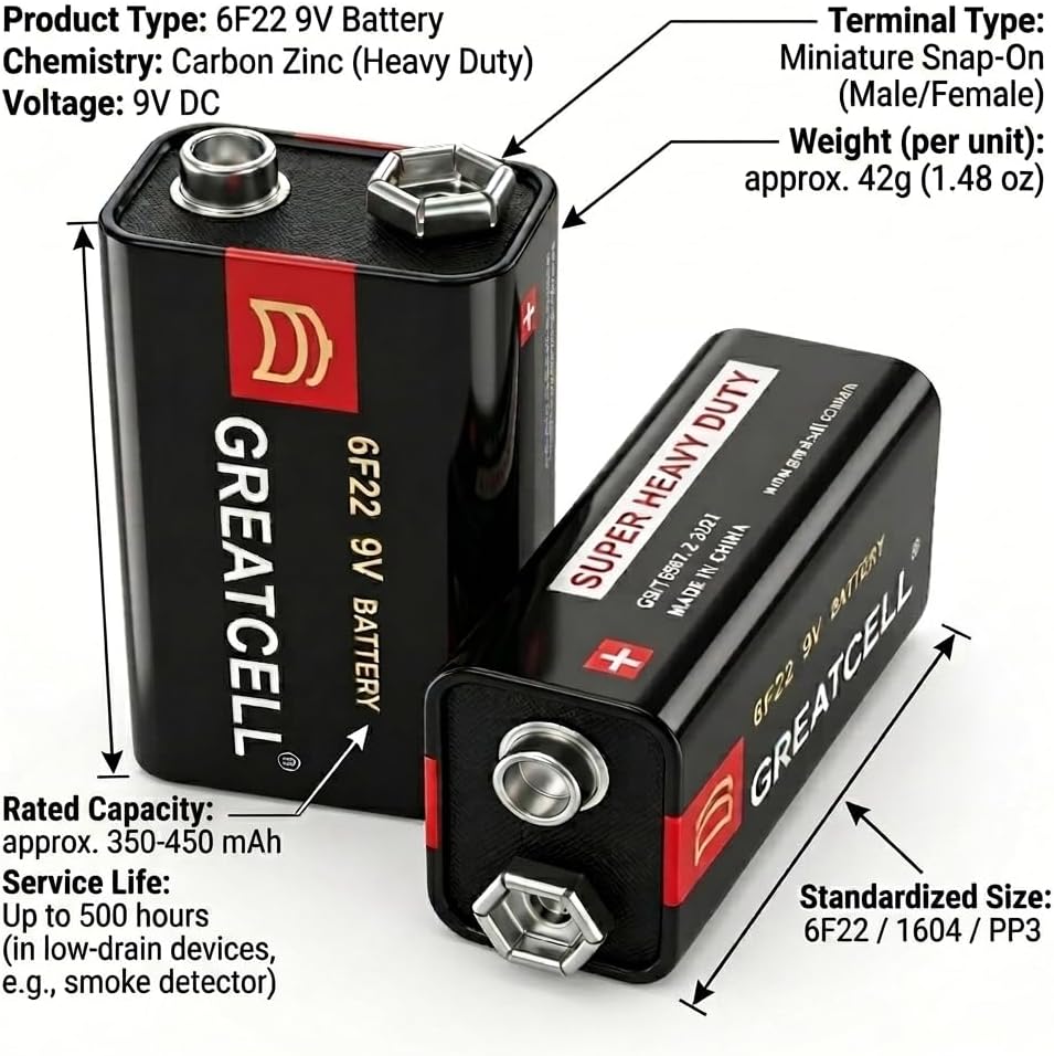 9V Carbon Zinc Battery for Smoke Detectors, 6F22 Square, Long-Lasting, 4 Count