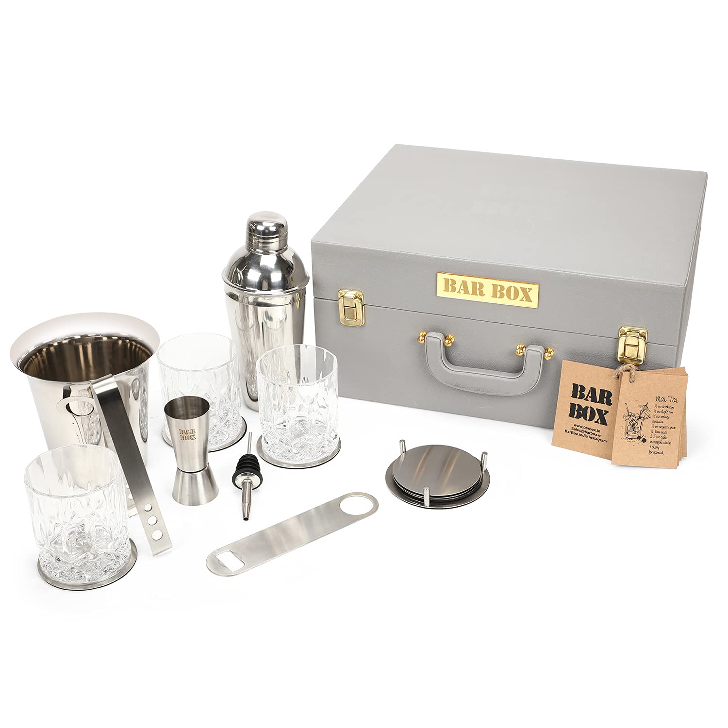 Bar Box Portable bar Set for Drinks Home- Set Three Whiskey Glass, customised with Your Name in Vintage Grey Vegan Leatherette Anniversary Gift Best for Boyfriend Birthday Boys Brother Husband