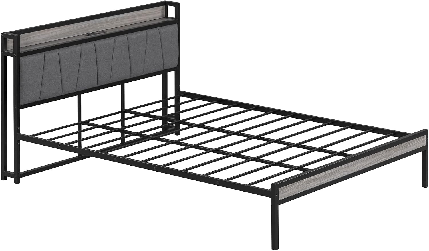 Queen Bed Frame with Outlet & USB Ports Metal Platform Bed with Upholstered headboard, Queen Size Metal Panel Bed with Shelf, Noise-Free, No Box Spring Needed, Black with Gray