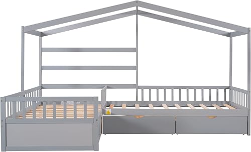 Miniatura 33 de MERITLINE Cama individual para niños, cama individual de madera para niños, cama Montessori con techo y ventana, cama de piso para niños pequeños,