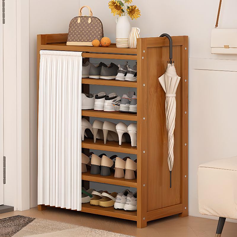 CraftThink Modern Shoe Rack with Curtain, Bambusa Shoe Storage Wood Freestanding Shoe Shelf Shoe Organizer for Entryway Garage Bedroom (Tan, 27.5" L x