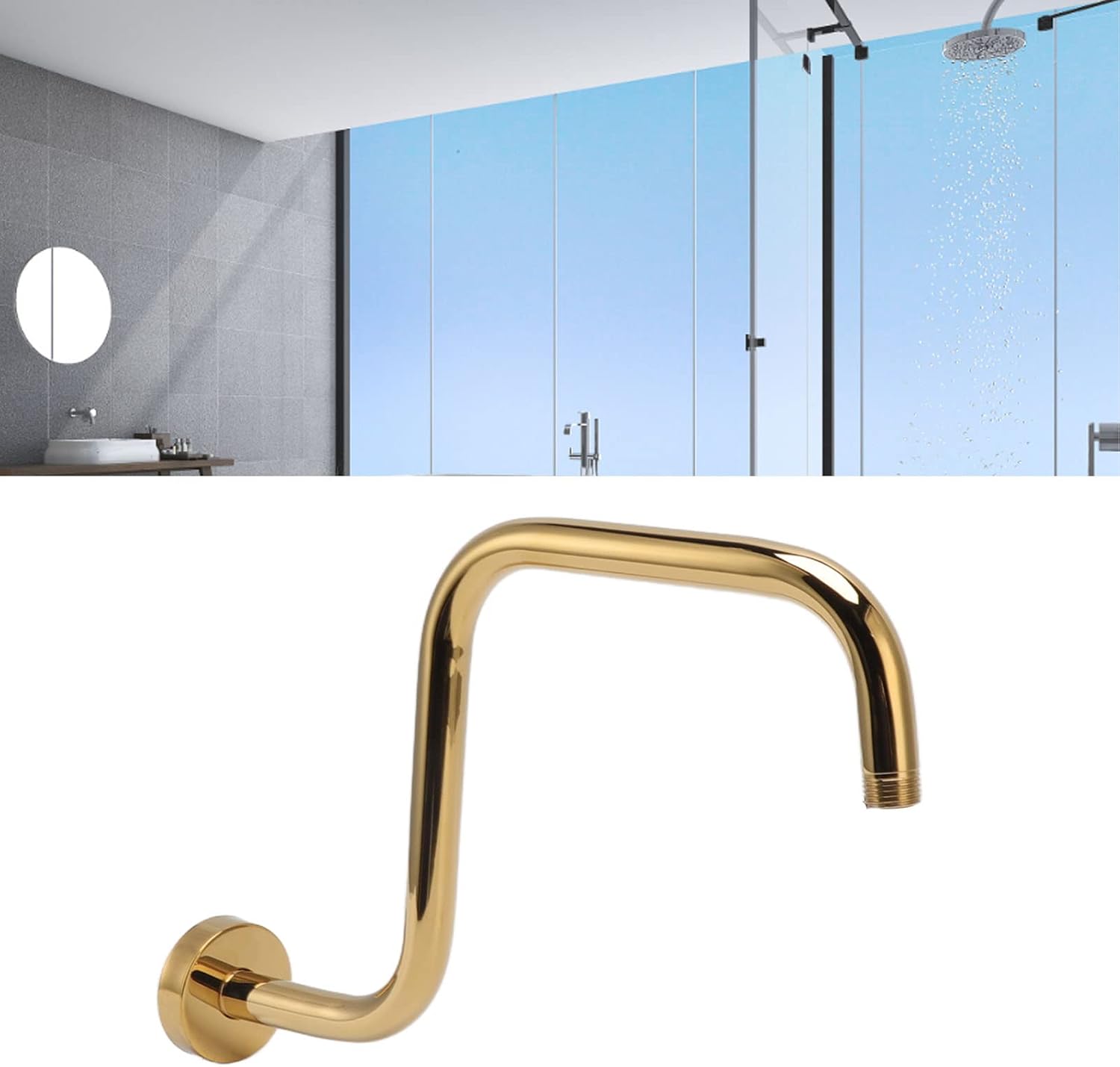 Garosa Shower Head Extension Arm S Shaped 12.6 Inch Wall Mounted Brushed Gold Stainless Steel 1/2 Inch NPT Thread with Flange