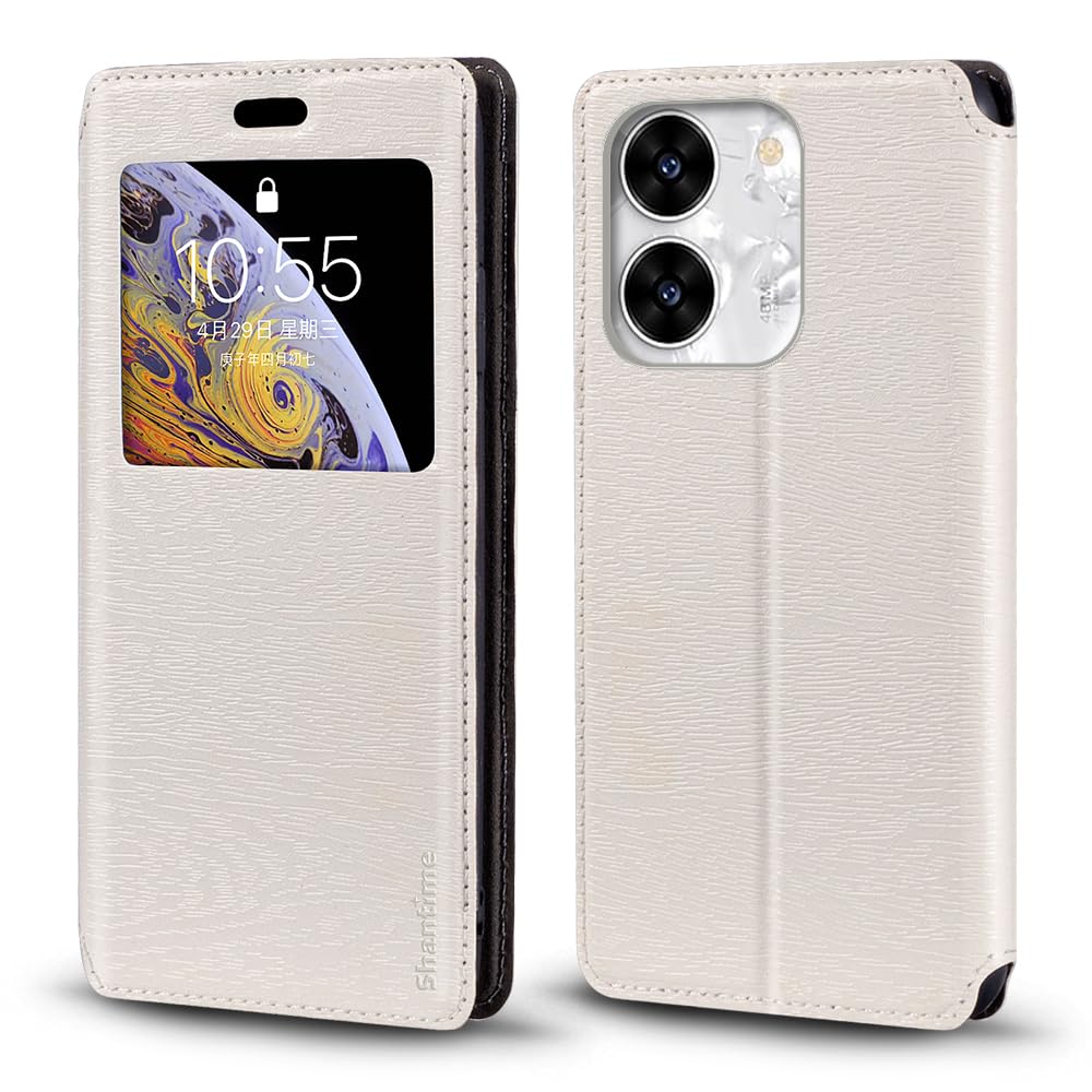 Viewable Window Leather Flip Case Compatible with Lava Benco S1 Plus, Elegant Design Clear Display Invisible Magnetic Cover and Card Slot(White)