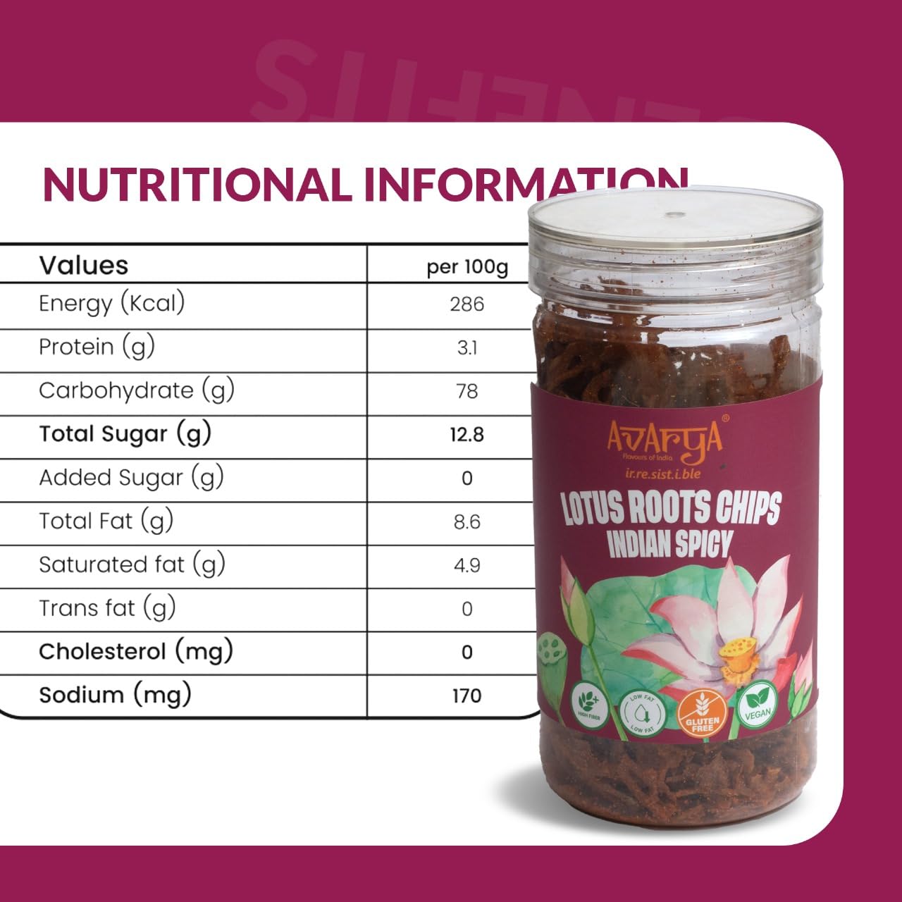Avarya Lotus Root Chips 100 Gms | Crispy Lotus Stem Chips - Indian Spicy Flavour | Low in Oil | Health Savoury Snack | Vegan Snack | Pack of 1 4
