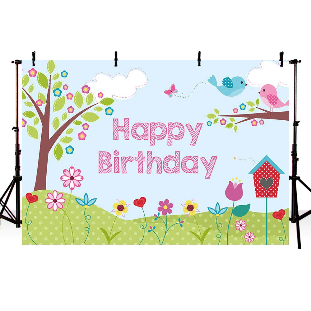MEHOFOTO Garden Girl Birthday Party Photo Studio Booth Backgrounds Spring Colorful Floral Tree Birds Easter Happy Birthday Party Photography Backdrop