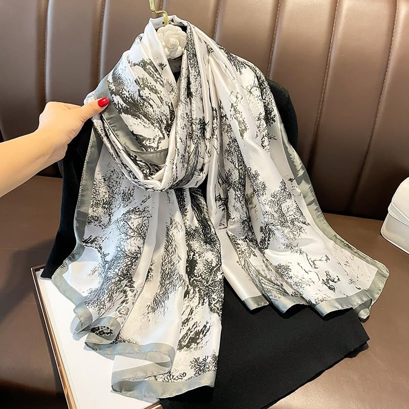 Image of Premium Silk Stole for Women | Lightweight Printed Silk Scarf & Hijab | Elegant Party (72 x 36 Inch) (Black and White Tree Print)