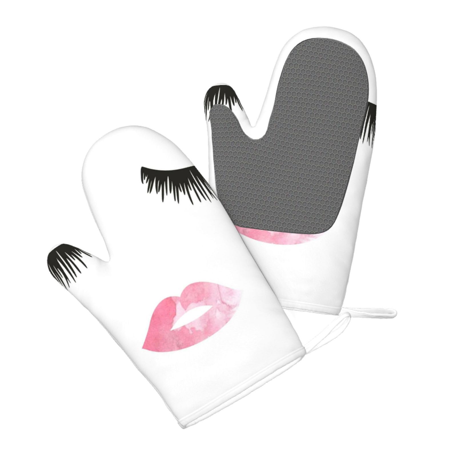 Aqrjlpo Women's Eyelash Lip White Silicone Oven Mitts Set 2Pcs, Printed Heat Resistant Non-Slip Silicone Oven Gloves For Kitchen Cooking Baking Microwave